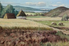Thorvald Løndal (1891-1957): LANDSCAPE WITH HOUSE AND SHEEP, original oil, 1940