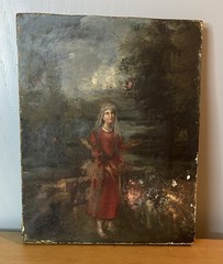 Antique European oil on canvas, ethereal woman, folk art, pasture, 8.75×10.75