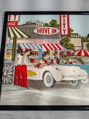 H Hargrove 1957 Corvette At Drive In Restaurant Signed Oil Painting 21.5 X 25.5