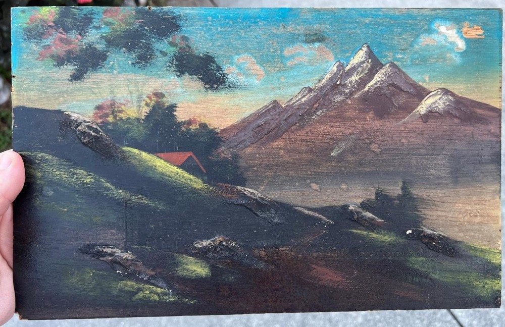 Old Vintage American Oil Painting Mountain Cabin Rural Landscape Original Art