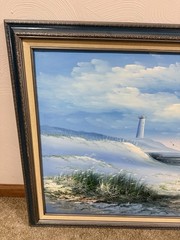 Vtg Painting SIGNED Lighthouse Framed 41.5 “ x 29.25 Wall Art Coastal Home Decor