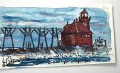 Sturgeon Bay Lighthouse Noel Skiba Miniature Watercolor Painting 3×5” Fine Art