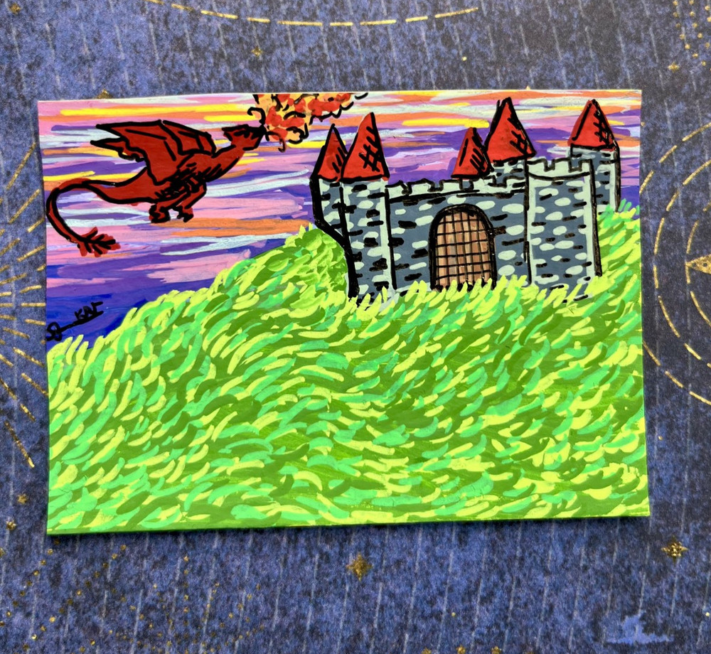 ACEO Original Art dragon castle sunset cottagecore whimsy by Kai Robin Courtney