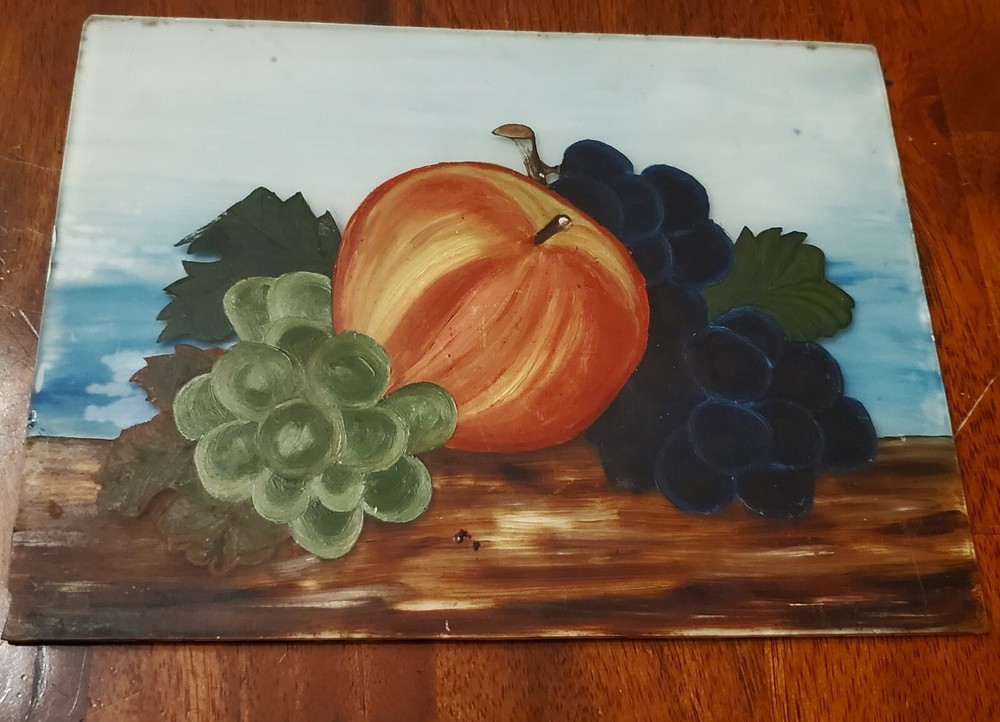 Painting On GlassStill Life Grapes Apple Fruit 1/4″ Thick 9″ X 6 3/4″