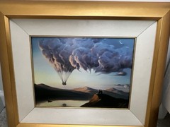 Framed Surrealist Landscape Oil Painting, Signed, Balloon-Shaped Clouds