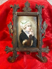 SMALL ORIGINAL PAINTING ON PORCELAIN Young Woman FRAGILE BLACK FOREST FRAME