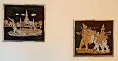 2 VTG Thai Paintings Gold Paint on Black Silk War Elephants Fighting & Thai Boat