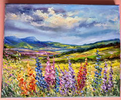 ORIGINAL OIL Painting Lupines , CLOUDS LANDSCAPE impasto 10″x 8″ by Olga Diduh.
