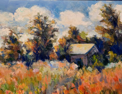 Large Oil Painting Landscape Cabin Flowers Trees Clouds Path Framed by Donalee