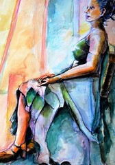 Painting „The Blue Dress“ Water Color/Pastel by Artist Logan Bauer