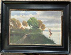 Sailboat on the Coast Autumn Art Nouveau Frame Shore Lake Waters around 1920 Oil