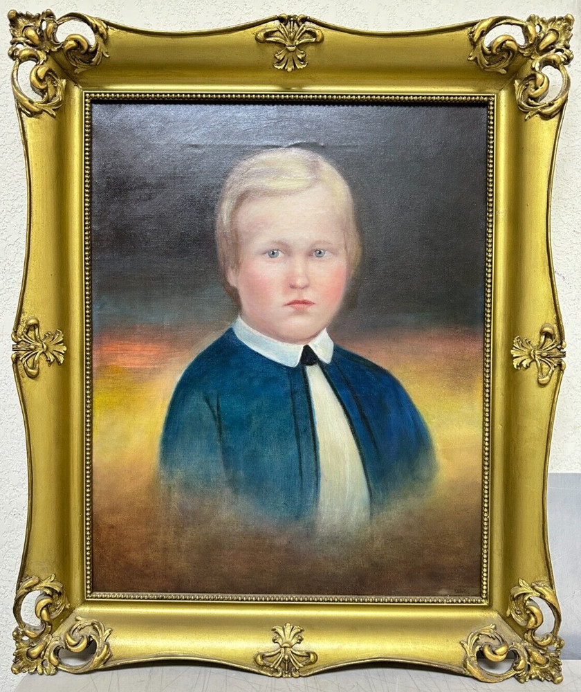Antique American Primitive Painting Portrait of a Young Boy