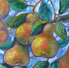 Original Oil Painting Pears on tree on Canvas Board 25x25cm Signed Art
