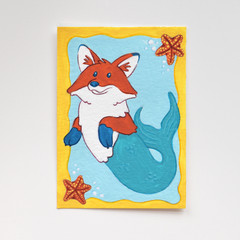 ACEO Original Art Mini Gouache Painting, Mermaid Fox Animal Mashup OOAK