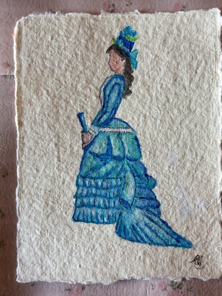 Original Painting OOAK – Victorian fashion Lady dress Blue Shabby chic –