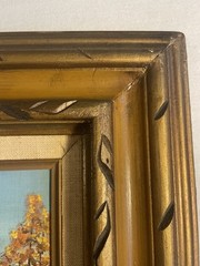 Vintage Fall River Landscape Painting Ornate Gold Frame Rustic Cottage Art 12×14