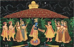Religious Painting Of Lord Krishna Lifting Govardhan Mount On Silk 21×15 Inches