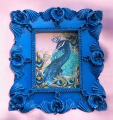 Peacock bird mini art print of acrylic painting in vintage style ornate frame