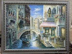 Large Framed Impressionist Venice Canal Cityscape Painting Gondola Bridge