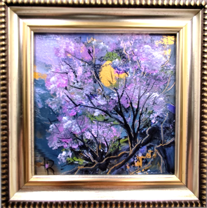 Original Oil Painting Cherry Blossom Gold Abstract Painting 4x4in framed