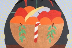 1980s Painting by Mildred E. Foster Clark. A Bowl of fruit. Christmas, Cardinal