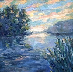 Oil Painting Seascape Water Trees Reflection Impressionistic Framed by Donalee