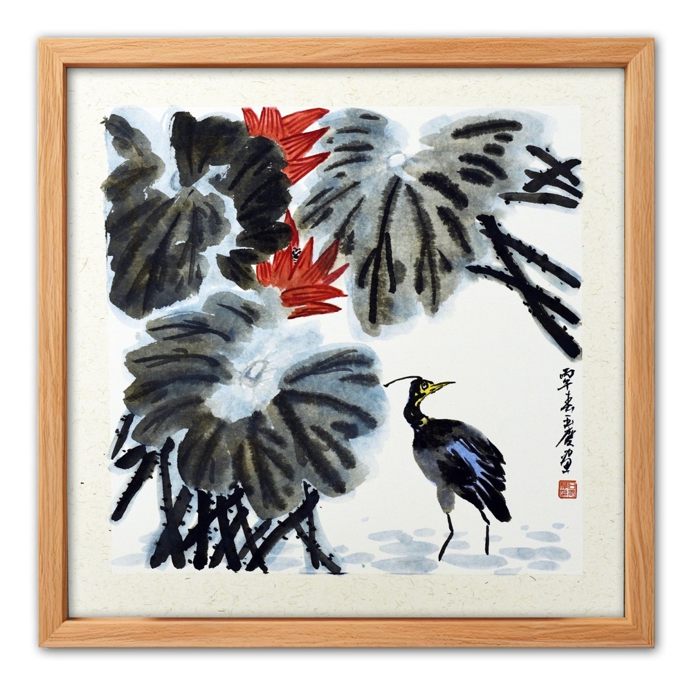 Original Chinese Ink Painting Lotus & Egret Framed Wall Art Handmade