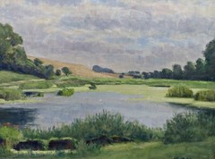 Signed Oil Painting Landscape River Scene on Board with Frame