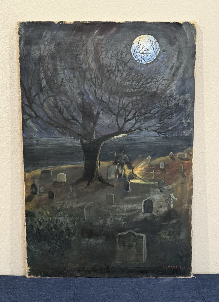 Vintage 1940 Moonlit Eerie Gothic Graveyard Oil Painting Signed “C. Carra“
