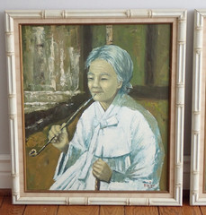 Mid Century Bakjo Kim South Korea Artist Oil on Canvas Painting Elder Man Woman