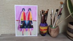 Original Naive Art Twins Girls Portrait Business Women Colorful Painting People