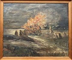 Impressionist Evening Landscape Campfire on Beach Saint Hans Midsummer Night