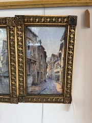 Pair Signed French Village Street Scene Watercolors M Guillebert Gothic Frames