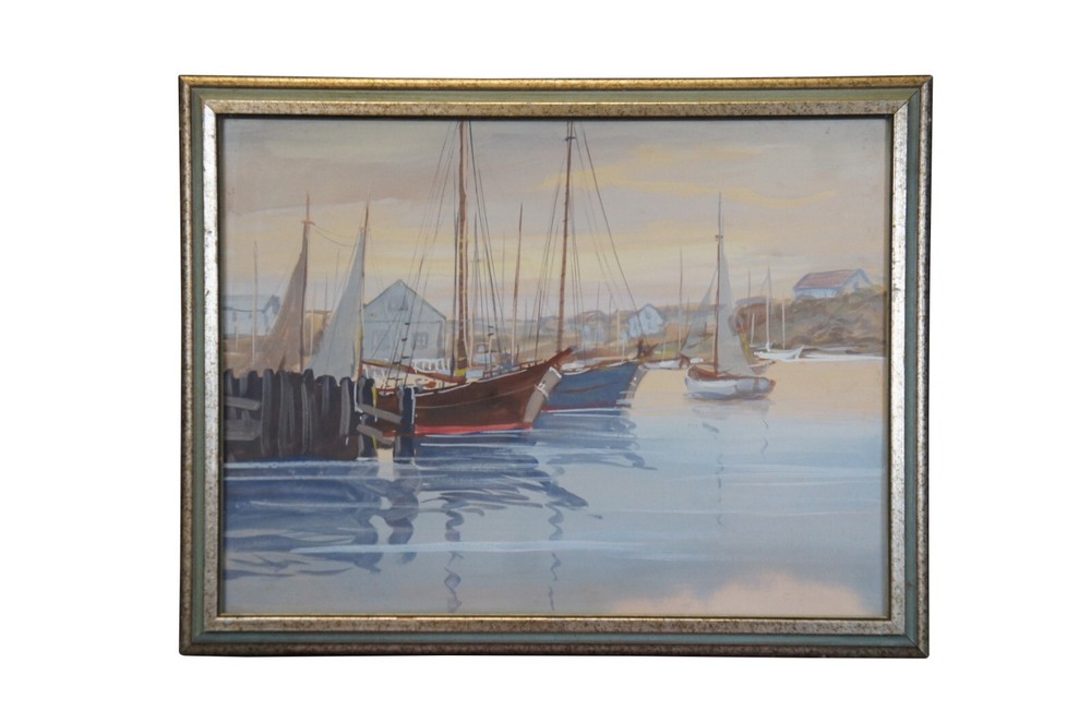 Mid Century Realist Signed Watercolor Painting Sailboats Harbour Marina Nautical