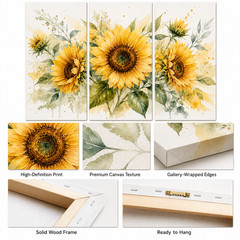 Watercolor Sunflower Triptych Canvas Wall Art 3 Panel Floral Farmhouse Decor