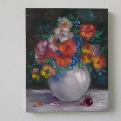 Vibrant Floral Bouquet Original Oil Painting White Vase Still Life Wall Decor