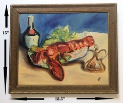 Vtg Original Lobster Painting Still Life Seafood Wine Kitschy Art on Board 15×18