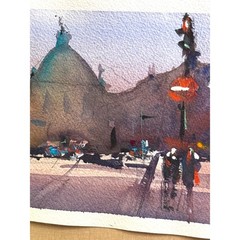 Original Pio Lyons Watercolor City Street Scene – Urban Landscape – Framed