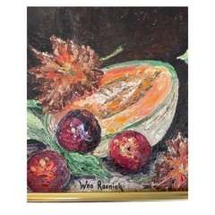 Original Oil Painting Cantaloupe Fruit Signed Framed Still Life 16.5″ x 13″