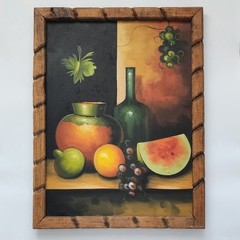 Vintage Still Life Oil Painting Original Fruit Wine Bottle Carved Wood Frame MCM
