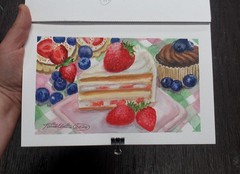 OOAK Watercolor painting, Desserts, Berries, Food, Cake, Traditional artwork