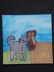 Dog Cat Whimsical Original Watercolor Miniature Home Decor Painting 3 Inch Art