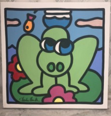Charles Houska 2001 Green Frog Blue Eyes Red Pink Flowers Black 12”sq Acrylic