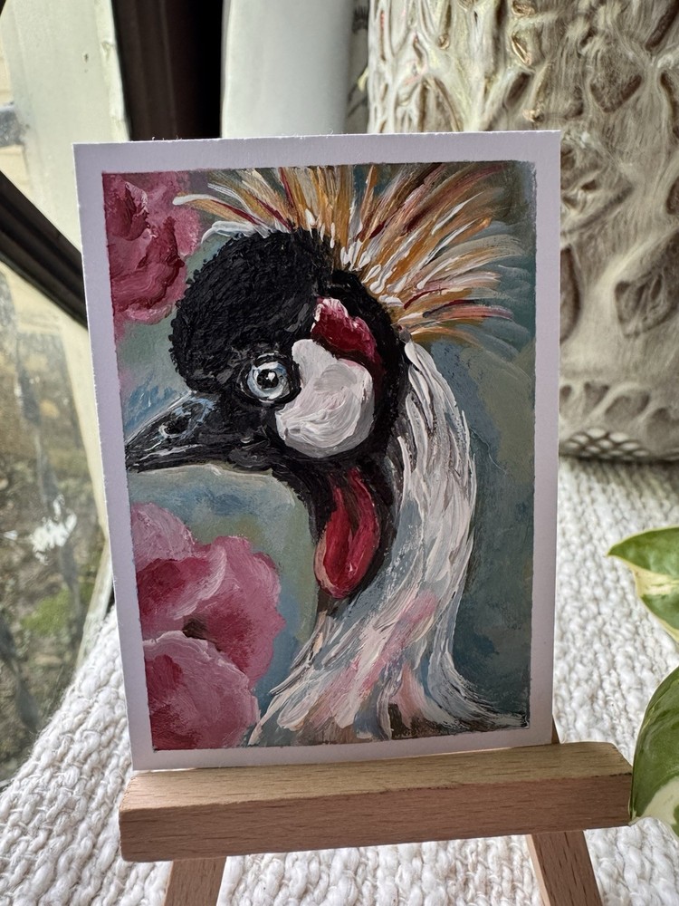 ACEO PRINT Original Crowned Crane Impressionistic Abstract Impasto Fine Art OOAK