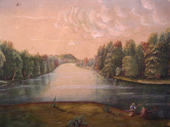 Antique 19th c Hudson River School Style Landscape Sunrise Pastel Painting