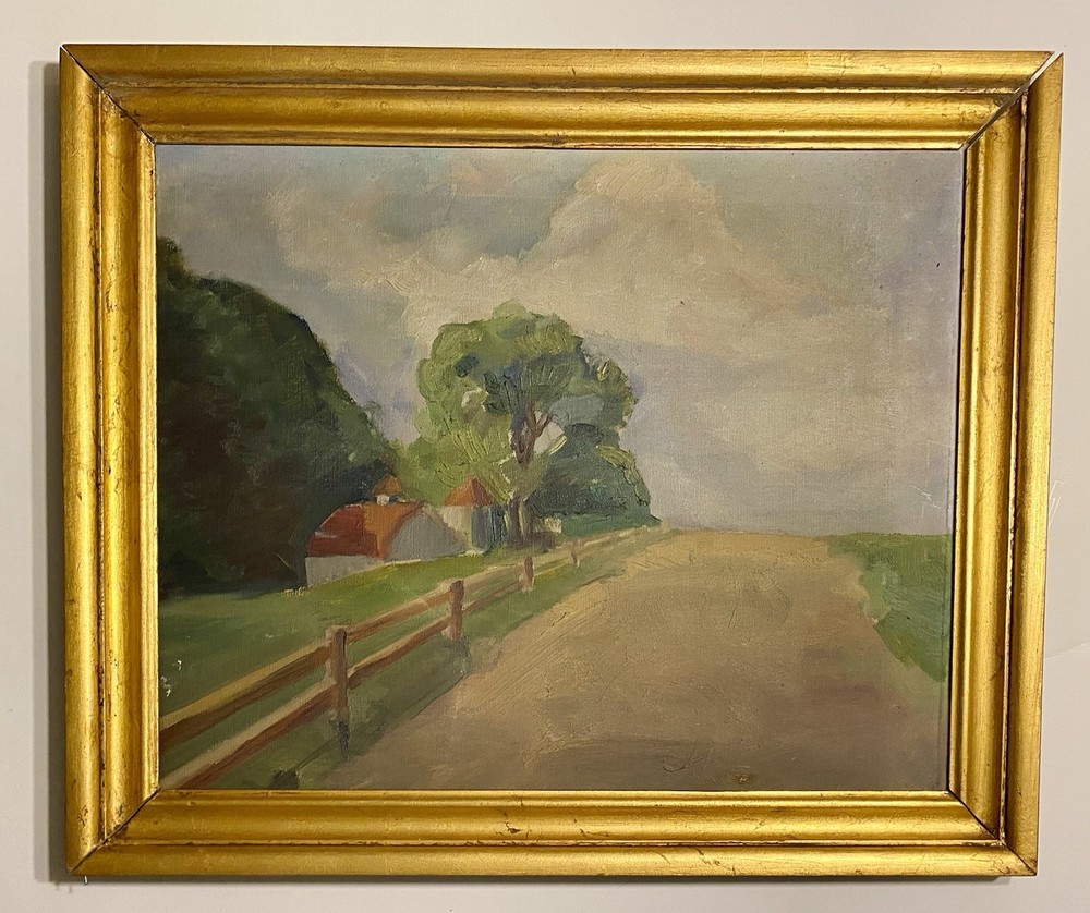 FRAMED WPA ERA IOWA REGIONALIST LANDSCAPE PAINTING 1930s BARNS, COUNTRY ROAD,