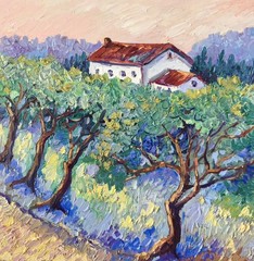 Original Oil Painting Olive Trees Landscape Impasto Artwork on Panel 12x12in