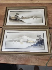 Set Of 2 MCM Framed Prints Japan Gold Detail Harbor Scene 12 X 5 1/2