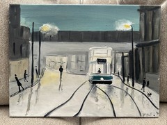 John Goodlad UK, Oil on Canvas, Blue Tram After LS Lowry, 12” X 16”