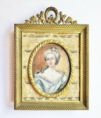 Rare 19th C. French Hand Painted Miniature Portrait Gold Gild & Tapestry Frame